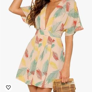 Tropical Floral Plunging V Neck Tie Open Back Summer Short Dress